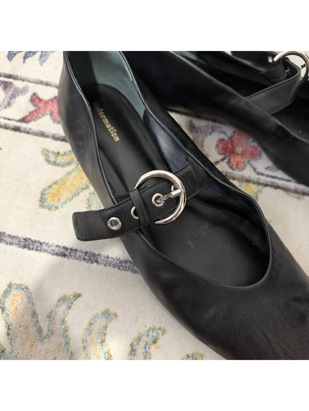 Reformation 9.5 Black Leather Mary Jane Ballet Flats Silver Buckle Shoes